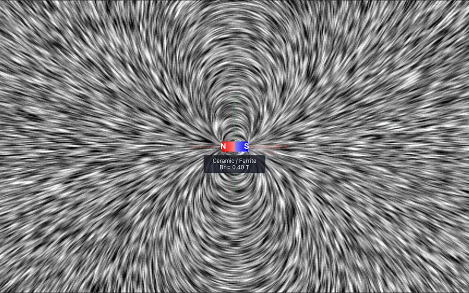 Single ferrite bar magnet rendered with iron-filings visualization — dipole field pattern looping from the north pole to the south pole.