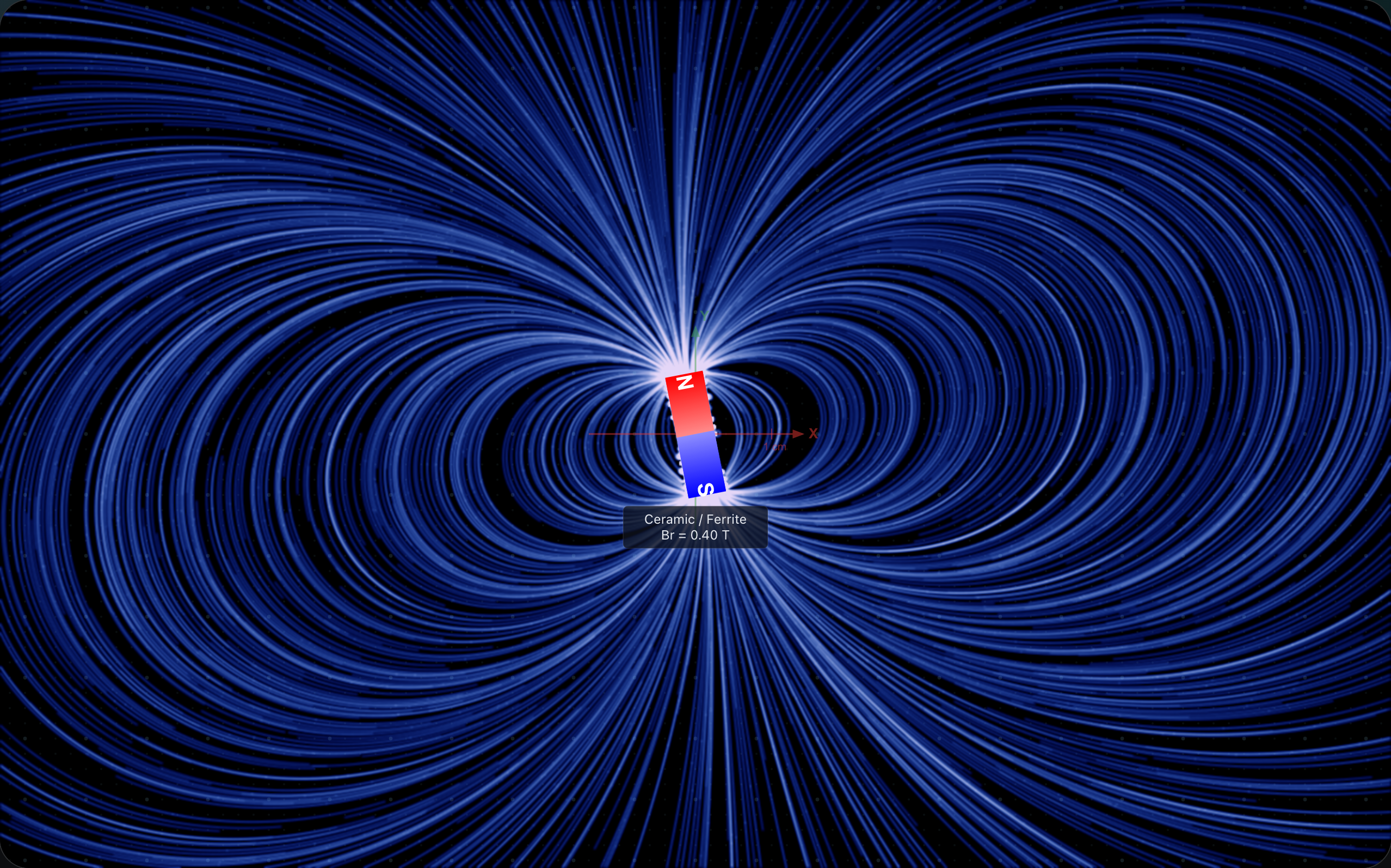 Earth's magnetic field as a tilted dipole — bar magnet rotated 11° from the rotation axis showing planetary-scale dipole pattern.