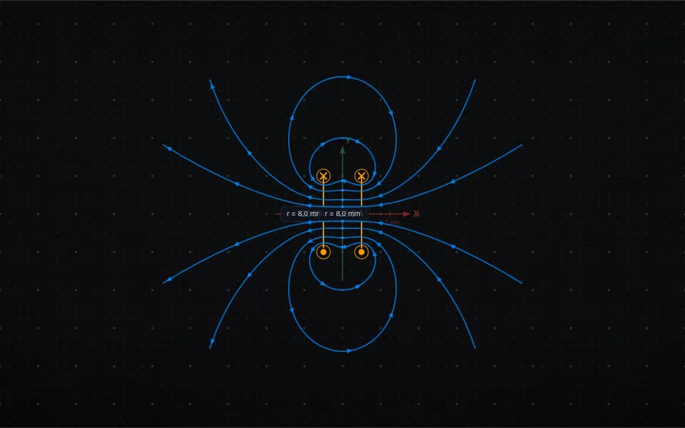 Magnetic field between two coaxial Helmholtz coils — 3D visualization with streamlines showing the central uniform-field region.