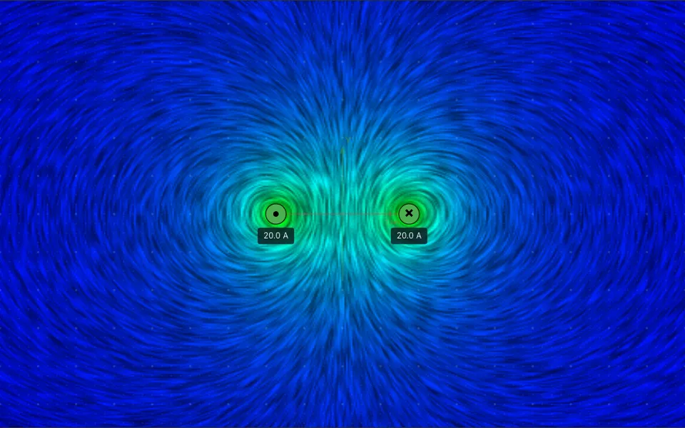 Two long straight wires carrying equal and opposite currents — magnetic field lines forming the classic antiparallel repulsive pattern.