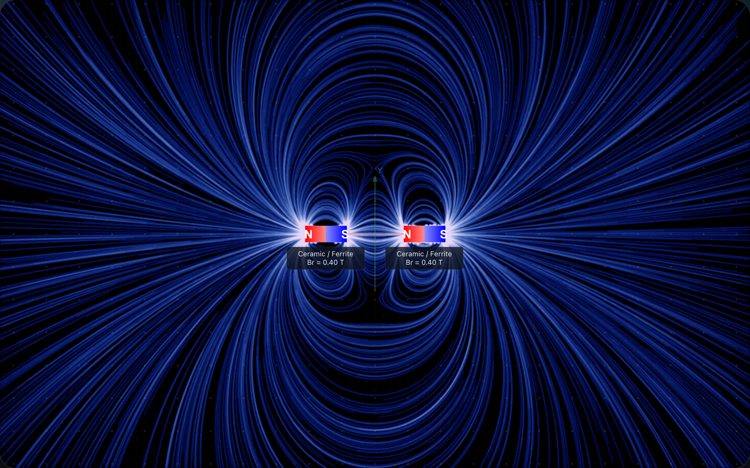 Two collinear bar magnets with opposite poles facing each other — field lines flow continuously from one to the other.