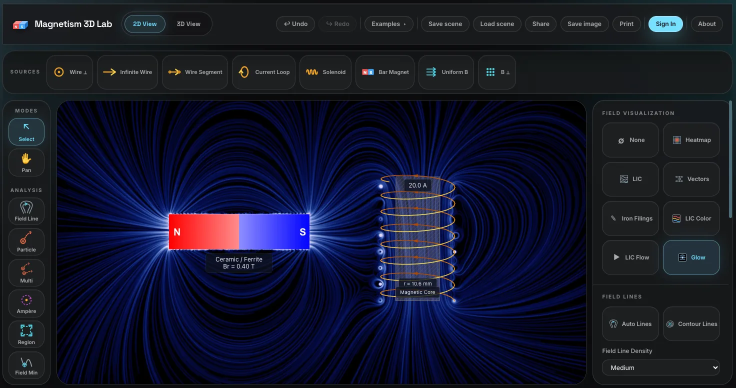 Magnetism 3D Lab editor with a magnetic scene loaded — toolbar across the top, inspector panel on the side, and the field visualization filling the main canvas.